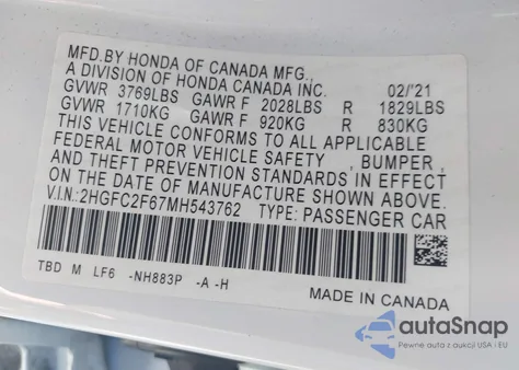 2021 Honda Civic Lx z USA, uszkodzony, nr VIN 2HGFC2F67MH543762